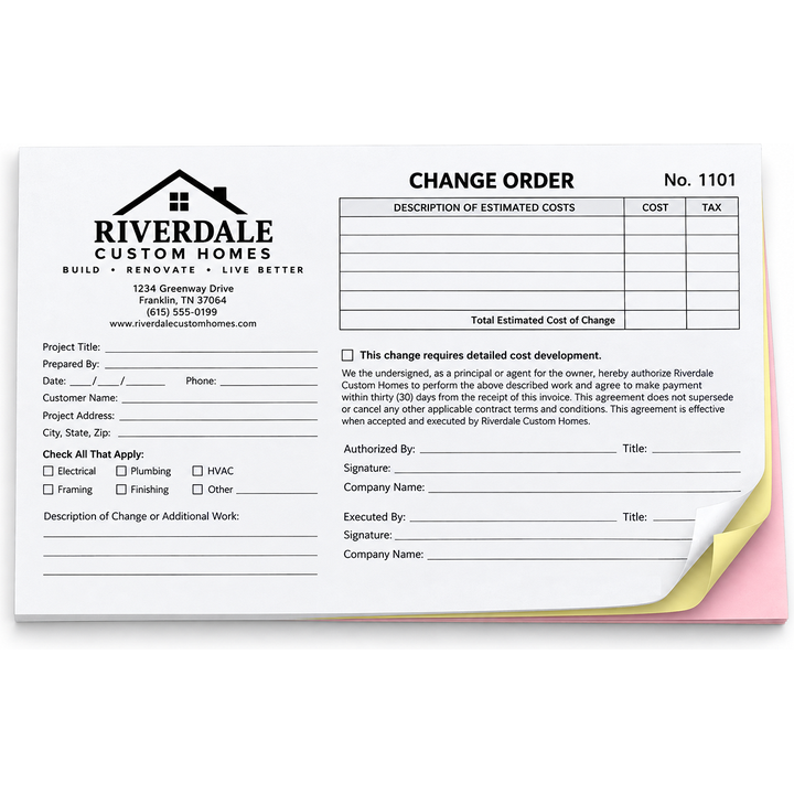 5.5" x 8.5" custom glued-edge forms printed horizontally in black ink with 3-part carbonless NCR copies in white, canary, and pink for change orders, work orders, invoices, service forms, and business records.