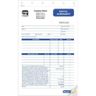 Carbonless business agreement for recording renter information, agreement details, terms, authorization, and signatures with instant NCR copies