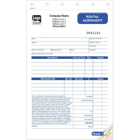 Carbonless business agreement for recording renter information, agreement details, terms, authorization, and signatures with instant NCR copies