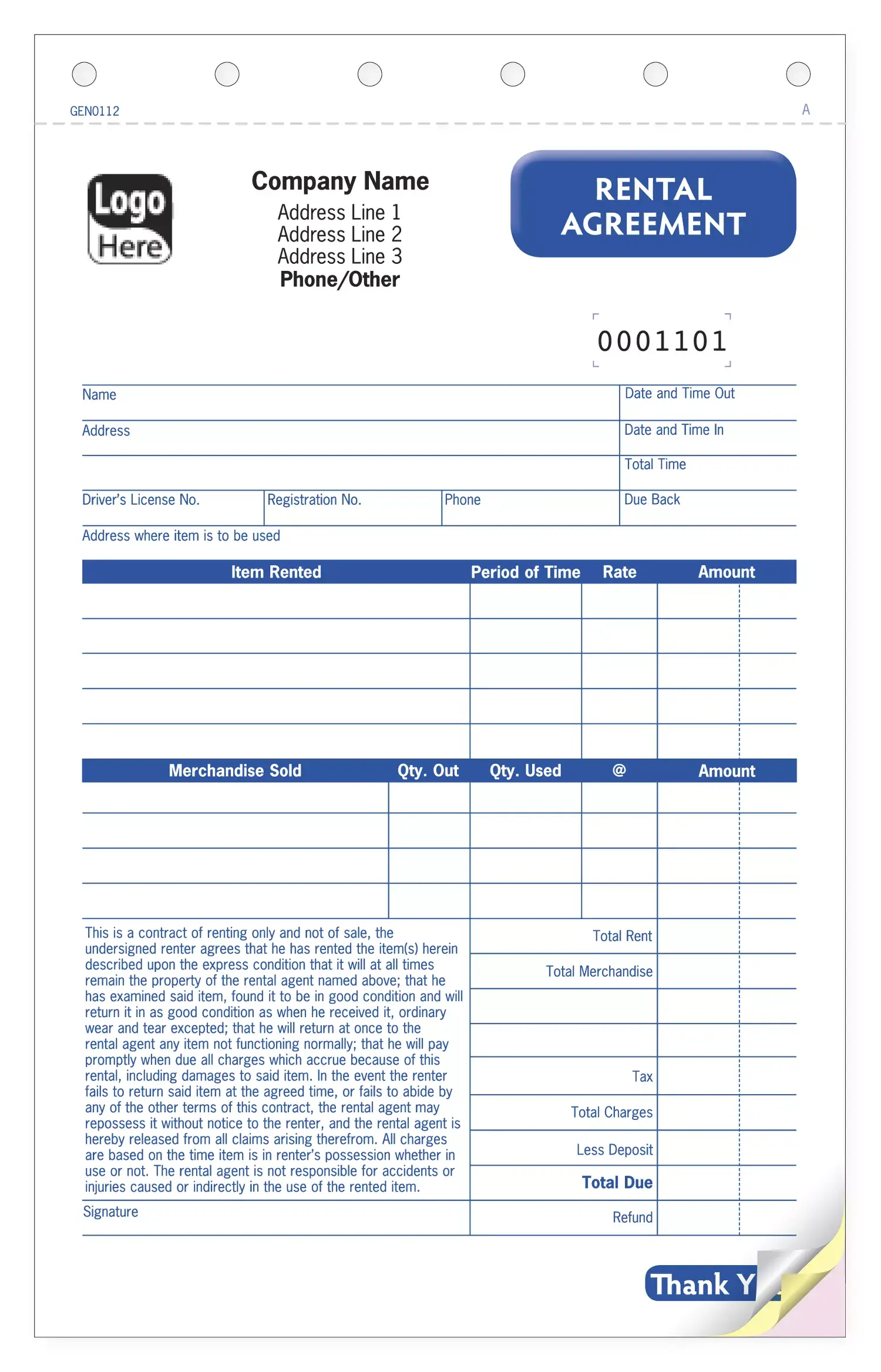 Carbonless business agreement for recording renter information, agreement details, terms, authorization, and signatures with instant NCR copies