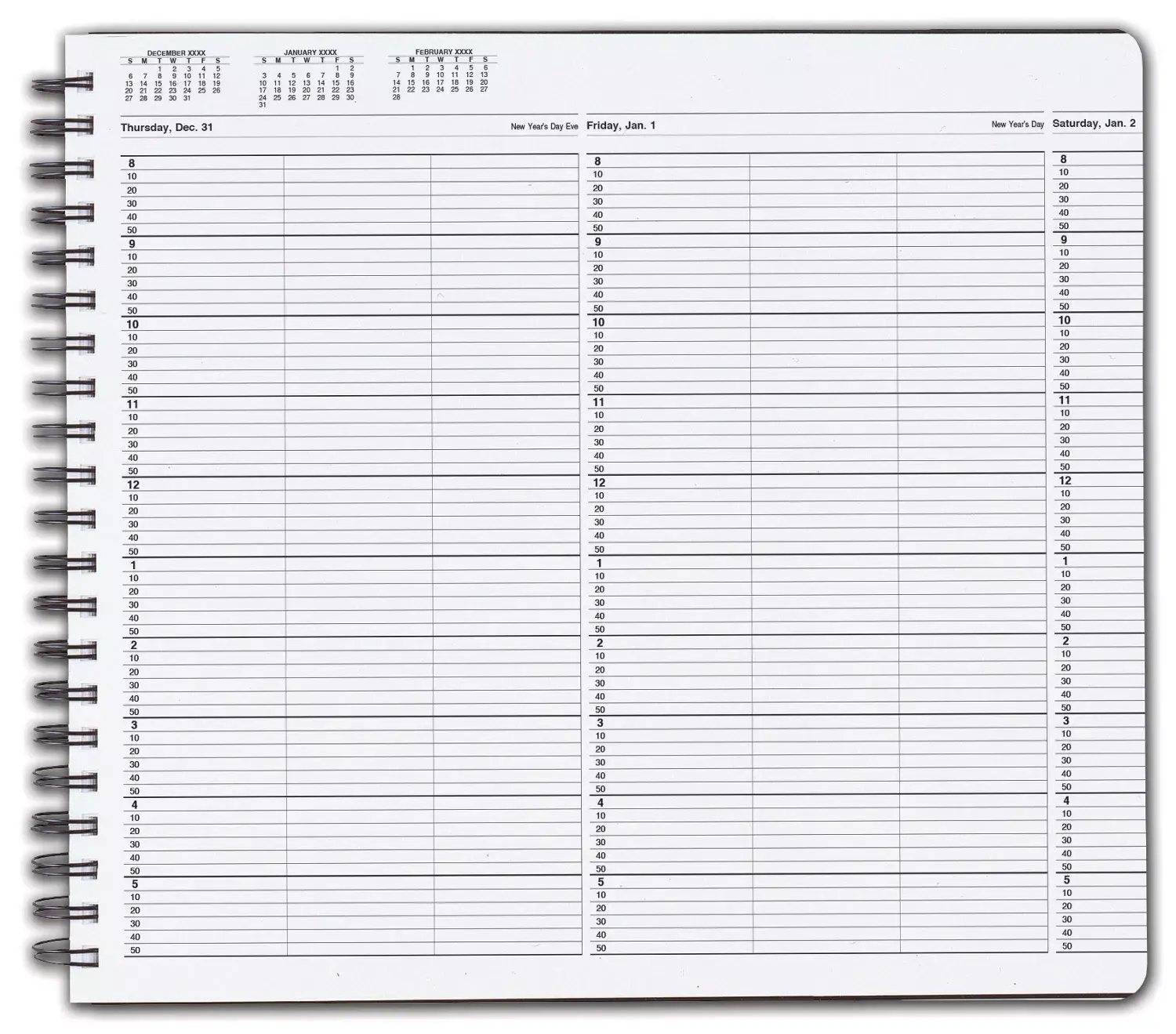 TimeScan 3-column wirebound appointment book with 10-minute intervals from 8am to 6pm