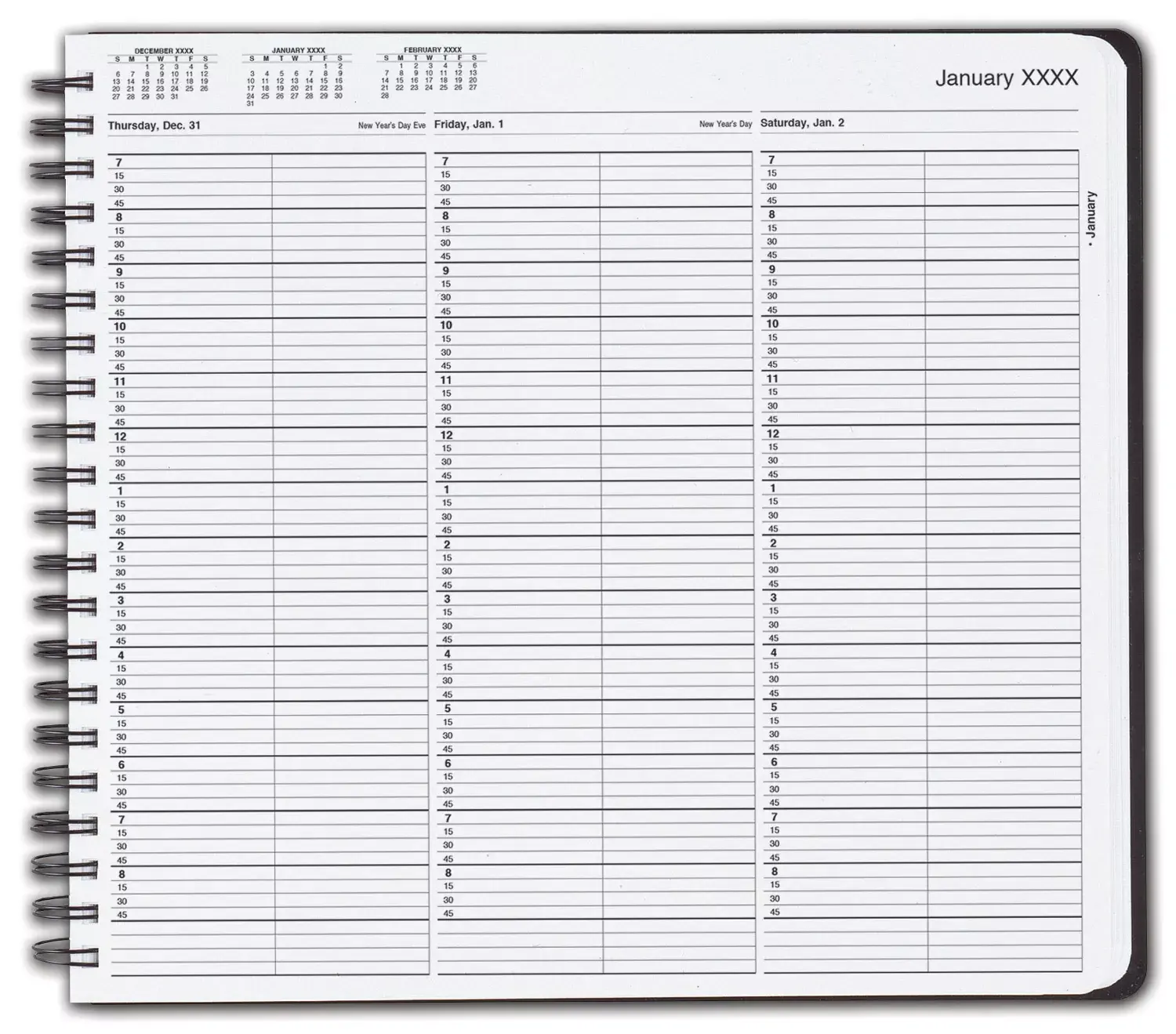 TimeScan 2-column wirebound appointment book with 15-minute intervals from 7am to 9pm