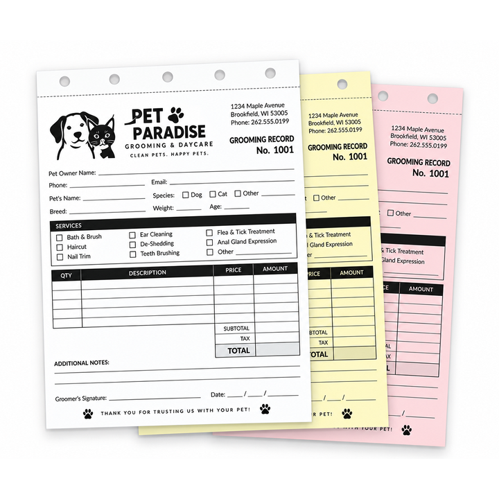 3-part custom snap-apart carbonless forms custom printed in black ink, 5.5 x 8.5 inches