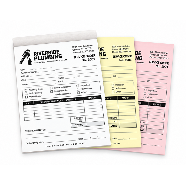 Custom 3-part triplicate carbonless books printed in black ink, 5.5 x 8.5 inches