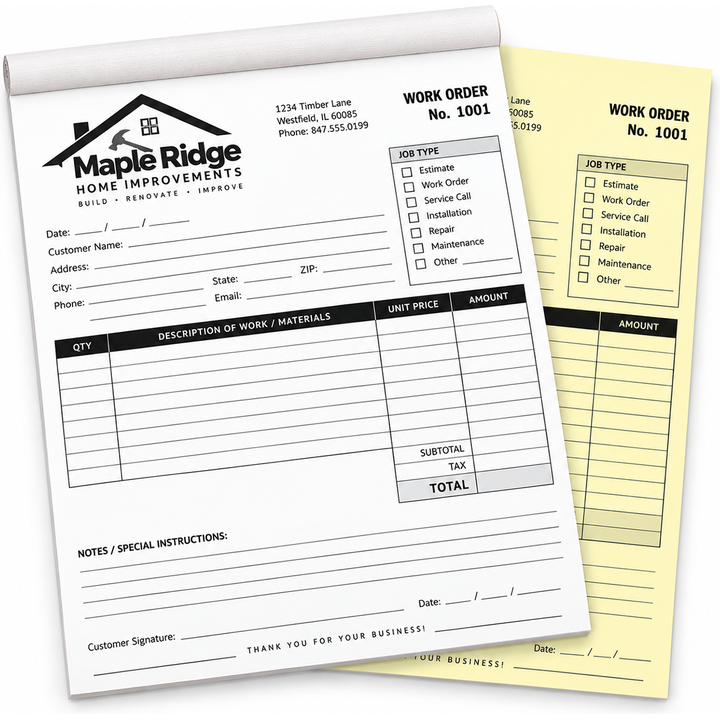 2-part custom duplicate carbonless books printed in black ink, 8.5 x 11 inches