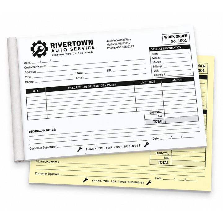 2-part custom duplicate carbonless books printed in black ink, 8.5 x 11 inches, horizontal orientation
