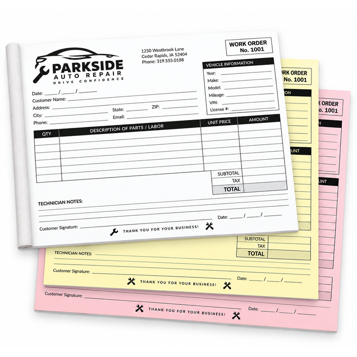 3-part custom triplicate carbonless books printed in black ink, 8.5 x 11 inches, horizontal orientation