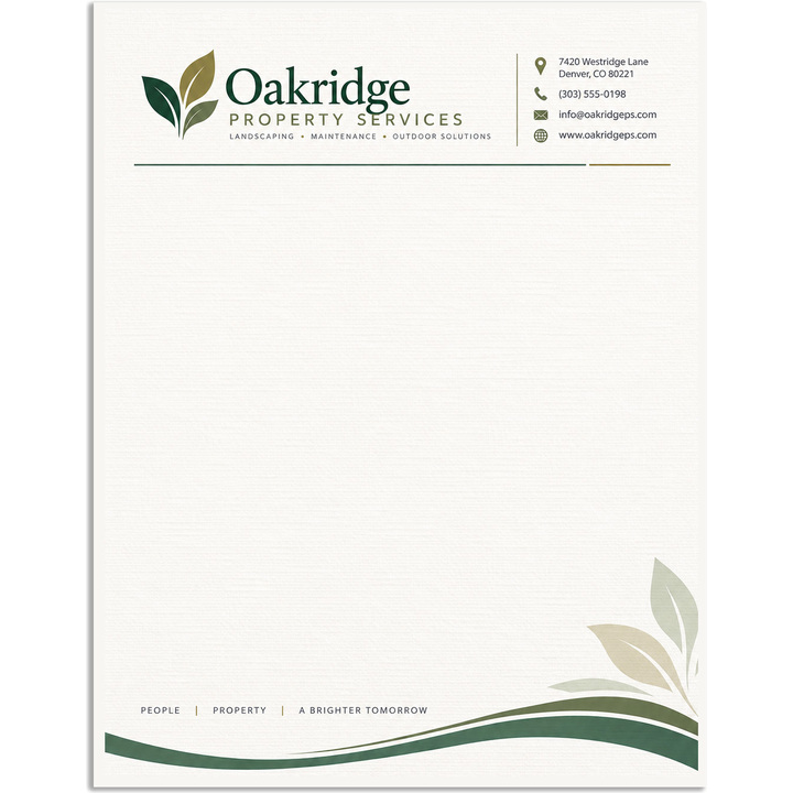 Custom linen letterhead printed in full color on 24 lb. warm white linen paper, 8.5 x 11 inches