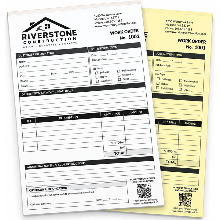 Custom 2-part glued-edge carbonless form printed in black ink, 8.5x14 legal size