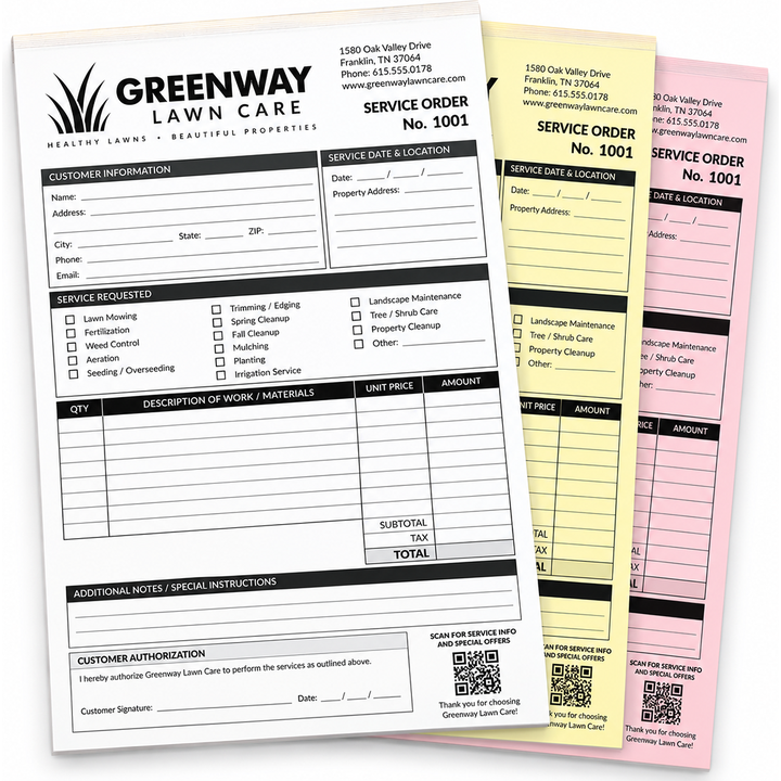 Custom 3-part glued-edge carbonless form printed in black ink, 8.5x14 legal size