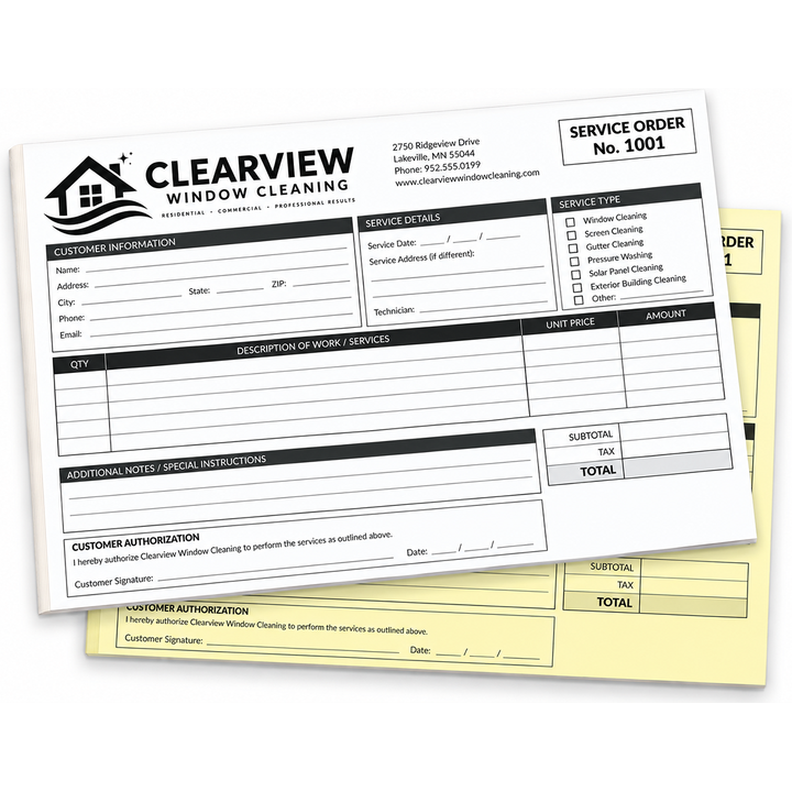 Custom 2-part glued-edge carbonless form printed in black ink, horizontal 8.5x14 legal size.