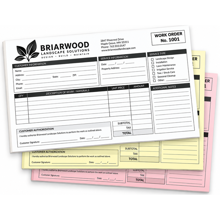 Custom 3-part glued-edge carbonless form printed in black ink, horizontal 8.5x14 legal size