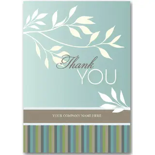 White floral thank you cards with sage green botanical leaves and striped border