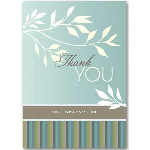 White floral thank you cards with sage green botanical leaves and striped border