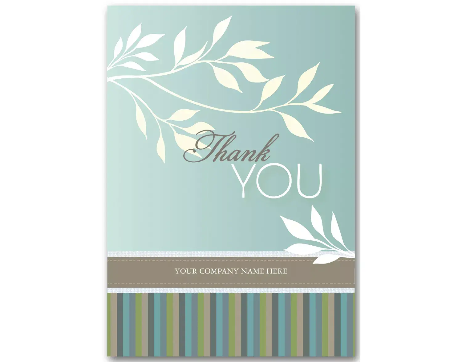 White floral thank you cards with sage green botanical leaves and striped border