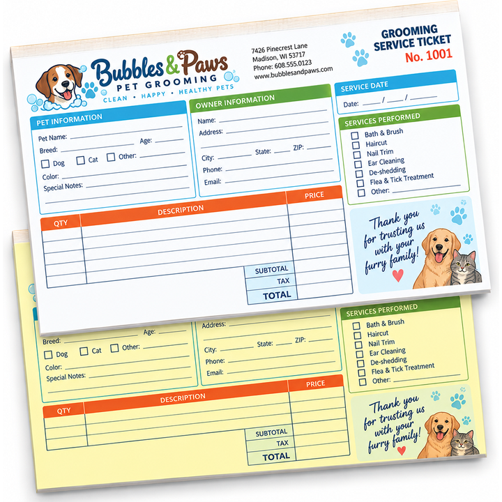 2-part full color glued-edge carbonless forms in 5.5 x 8.5 landscape orientation