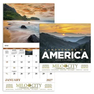 Custom printed Landscapes of America stapled full-color wall calendar featuring scenic U.S. views
