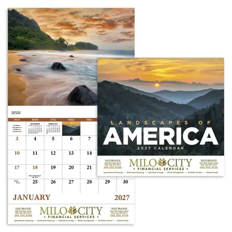 Custom printed Landscapes of America stapled full-color wall calendar featuring scenic U.S. views