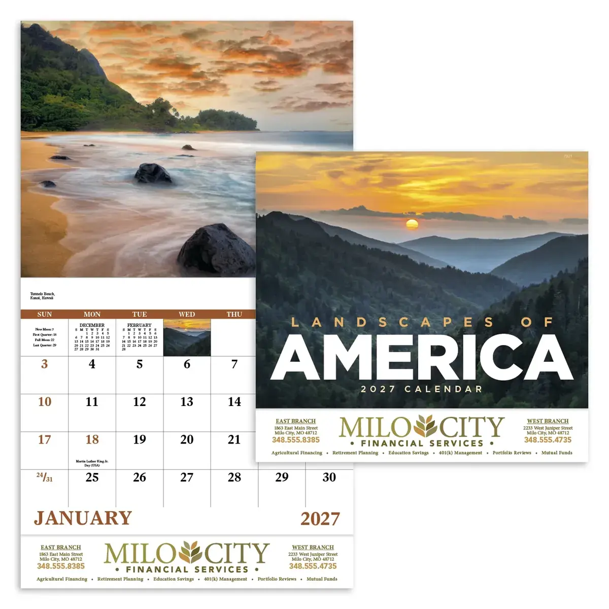 Custom printed Landscapes of America stapled full-color wall calendar featuring scenic U.S. views