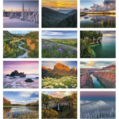 Open inside view of the Landscapes of America stapled wall calendar displaying monthly grid and scenic photography