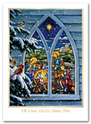 Christmas card showcasing the nativity scene through stained glass.