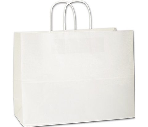 Recycled White Kraft Paper Shopping Bag with white twisted-paper handles and colorful tissue paper to add a touch of elegance