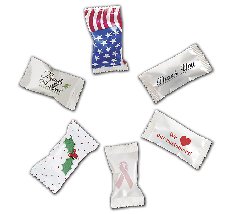 Custom holiday mint wrappers for special occasions.