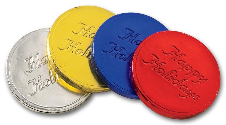 Custom Holiday Chocolate Coins are perfect for holiday promotions. Made of milk chocolate, and can be personalized.