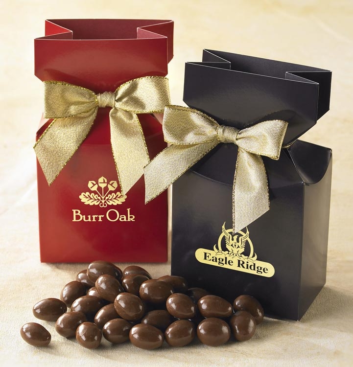 Chocolate covered almonds in custom bags with your company name.