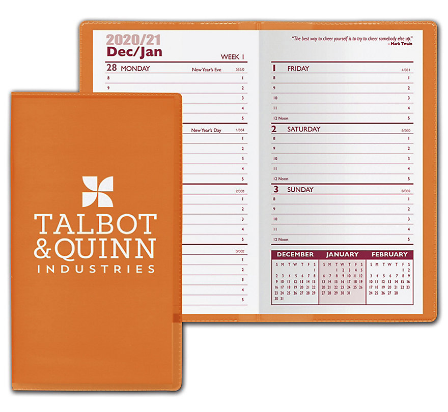 Custom printed 2021 pocket planners with clear translucent vinyl cover and weekly agenda.