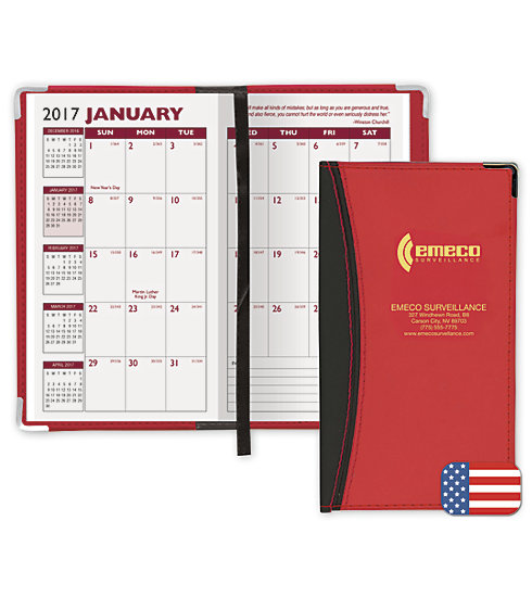Custom 2017 pocket planner printed with your company name and logo on the two-tone vinyl cover.