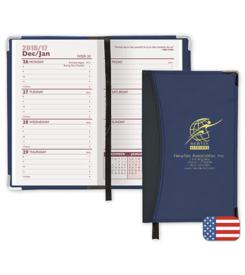 Custom 2017 pocket planners printed with your company name and logo on vinyl cover.