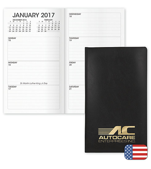 Custom printed 2017 weekly pocket planners with your company name on the front.