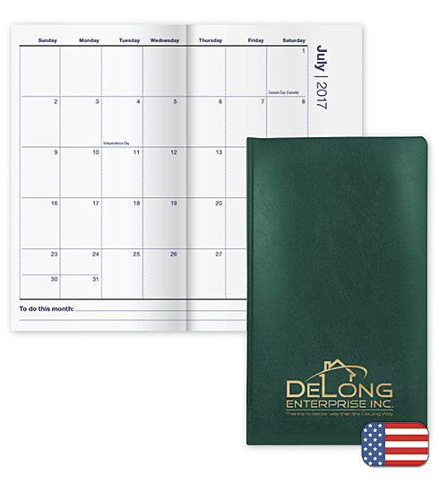 Custom printed 2017 monthly pocket planner with classic paper cover.