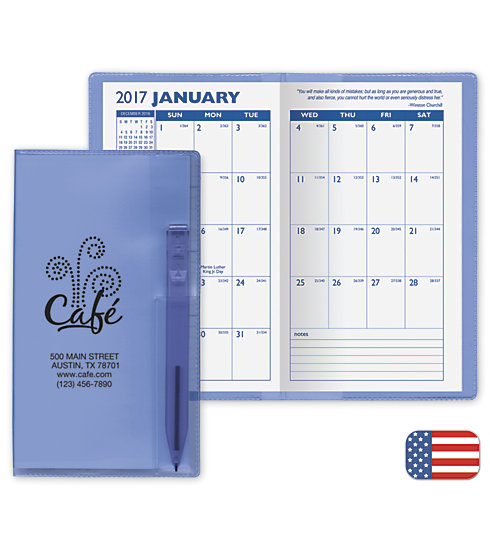2017 translucent vinyl month planners that come with a flat pen. Comes in Lime, Green, Orange, Purple, Blue, Red, and Teal.