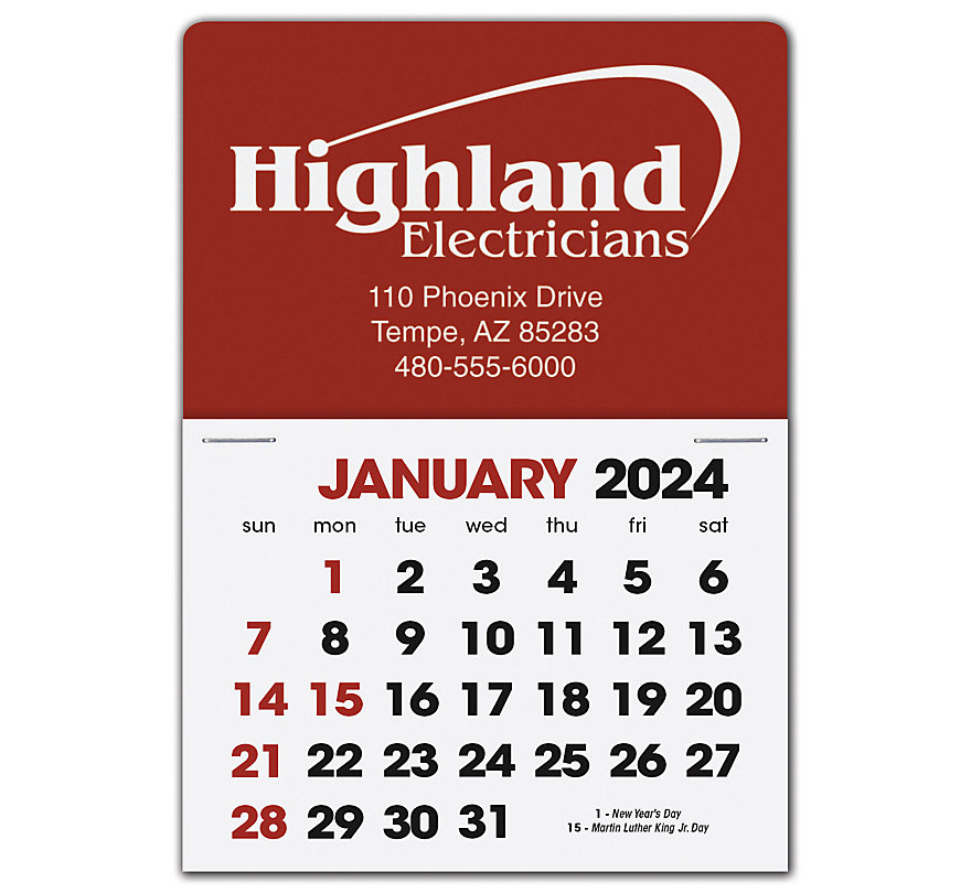Peel and stick this custom 2024 calendar label with your text and logo printed on top section.