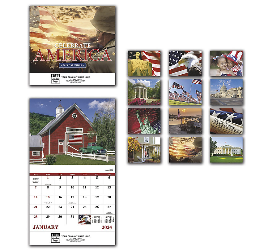 2024 wall calendar with patriotic theme and custom printed with your company information and logo.