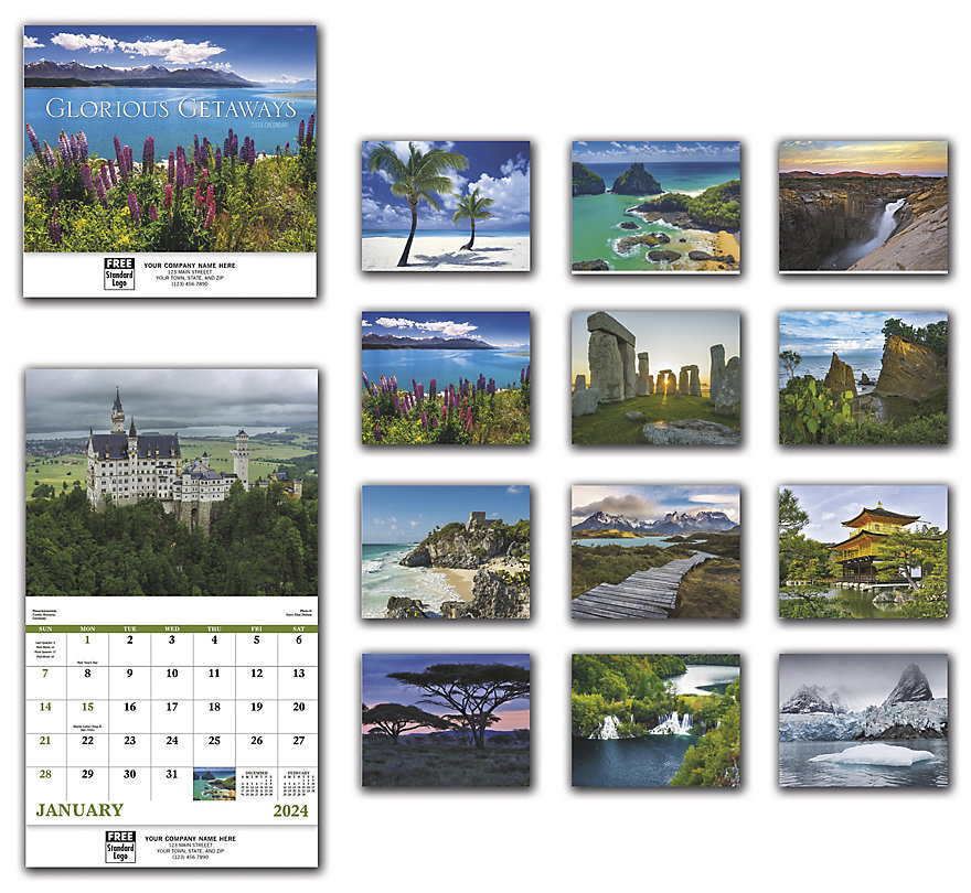 Custom 2024 wall calendars with pictures of notorious vacation getaway spots and your business name.