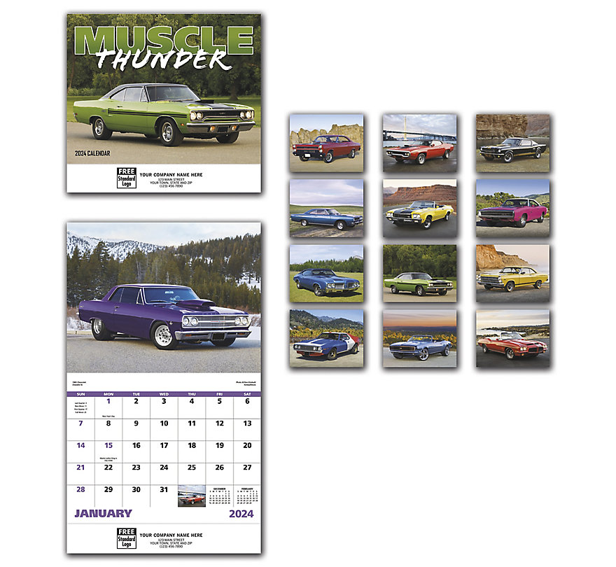 2024 business wall calendar featuring impressive photography of muscle automobiles for auto enthusiasts.