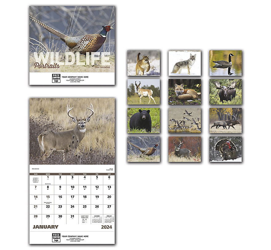 Customized 2024 wall calendars featuring portraits of wildlife.