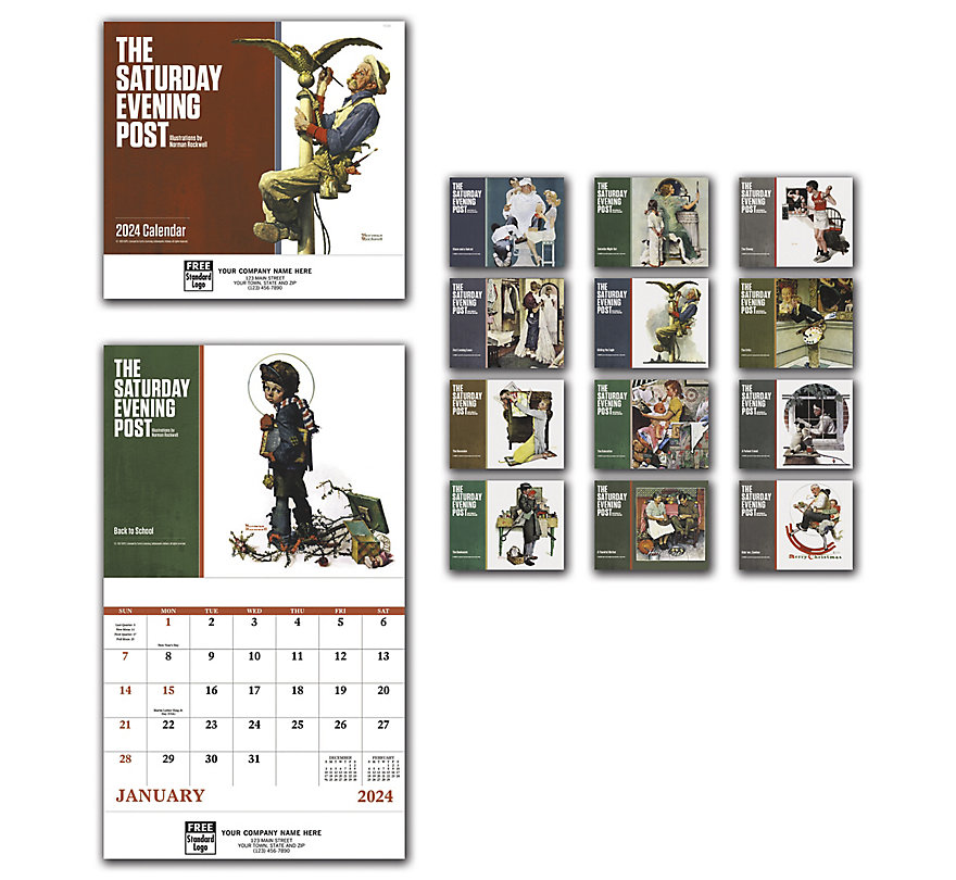2024 wall calendars featuring nostalgic Norman Rockwell images. Saturday Evening Post edition.