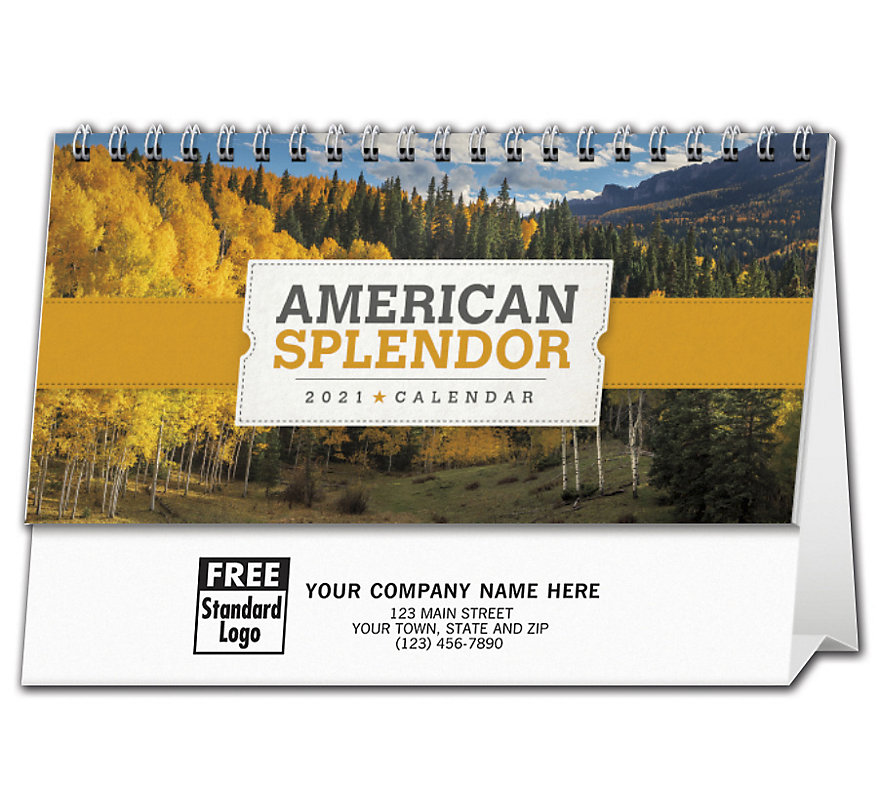 Custom 2021 desk calendar imprinted with text and logo, and features pictures of beautiful landscapes in the US.