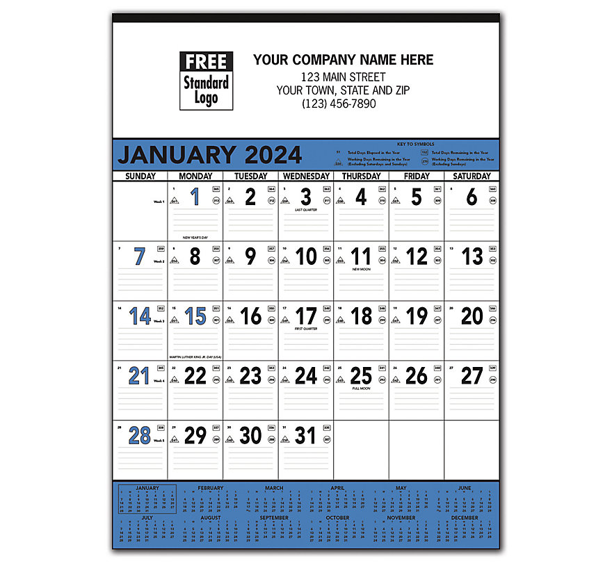2024 custom printed calendars with a blue and black design. Specially designed for contractors.