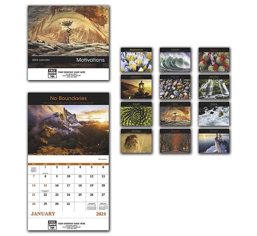 2024 wall calendars featuring bright motivational images with your custom company information.