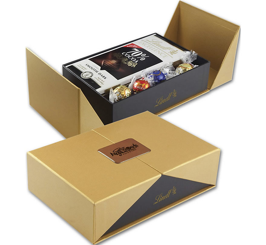 Golden box of Lindt chocolates with custom options.