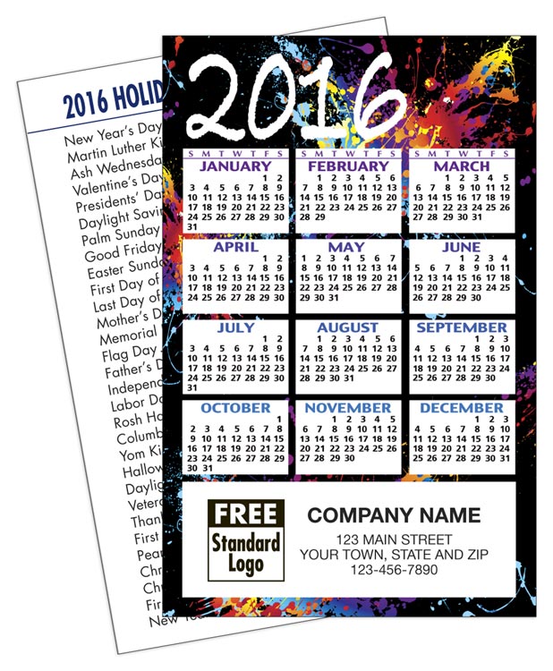 2016 wallet calendar with a list of 2016 holidays on the back.
