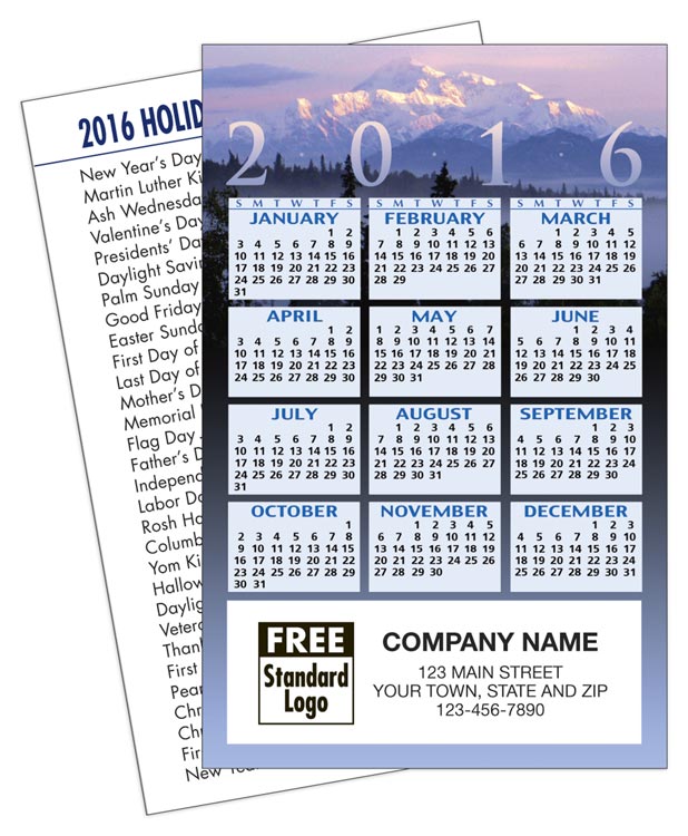 This 2016 wallet calendar has a mountain view theme and is slightly bigger than a business card so you advertise all year.