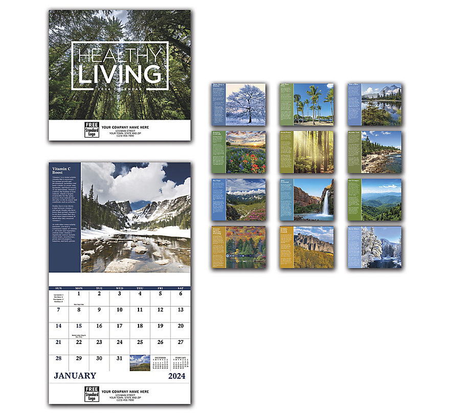 Custom printed wall calendar with healthy living theme and inspirational ideas for the year 2024.
