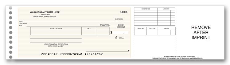 These long stub one-write checks for disbursements allow you to print a message on the stub.