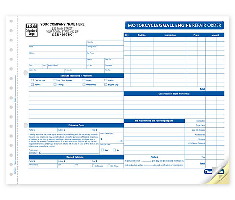 Carbonless Repair Order Form that includes room to summarize labor, list parts, quantities, costs, custom imprint and LOGO.